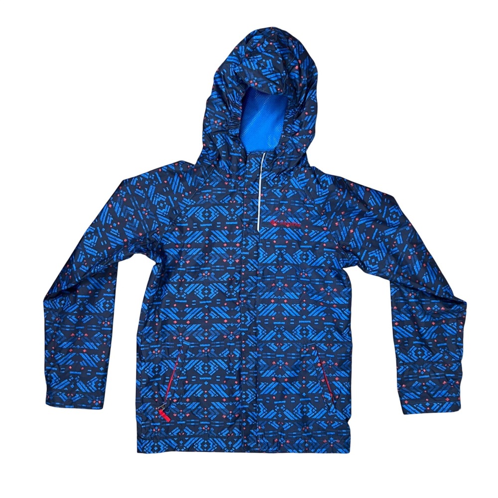Columbia Kids Blue Geometric Print Hooded Rain Jacket Windbreaker Medium Blue